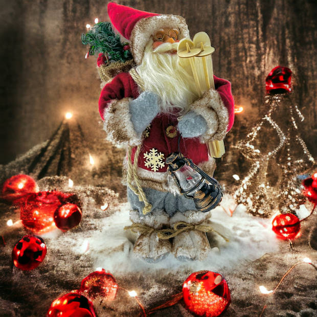 Luxe Afgewerkte Kerst Decoratie Kerstman Staand Rood/Grijs 30cm