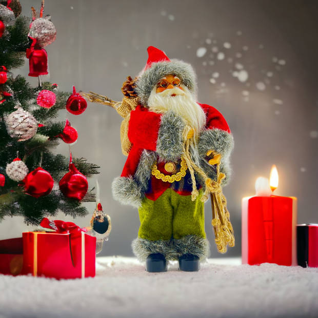 Luxe Afgewerkte Kerst Decoratie Kerstman Staand Rood/Groen 30cm