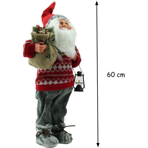 Luxe Afgewerkte Kerst Decoratie Kerstman Staand Rood/Grijs 60cm