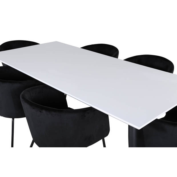 Jimmy195 eethoek eetkamertafel uitschuifbare tafel lengte cm 195 / 285 wit en 6 Berit eetkamerstal velours zwart.