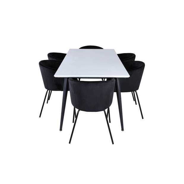 Jimmy195 eethoek eetkamertafel uitschuifbare tafel lengte cm 195 / 285 wit en 6 Berit eetkamerstal velours zwart.