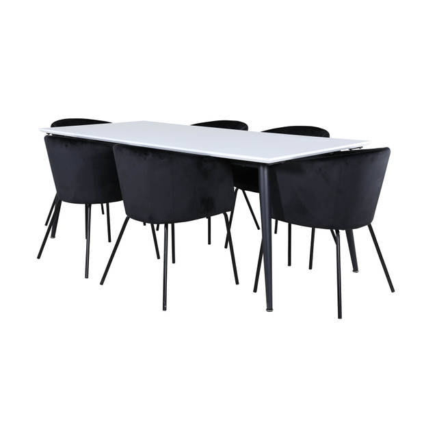 Jimmy195 eethoek eetkamertafel uitschuifbare tafel lengte cm 195 / 285 wit en 6 Berit eetkamerstal velours zwart.