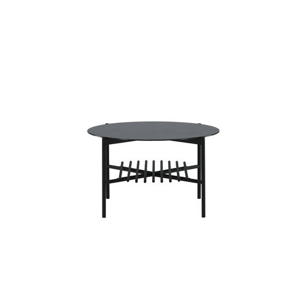 VonStaf salontafel met plank Ø80 cm glas zwart marmor decor.
