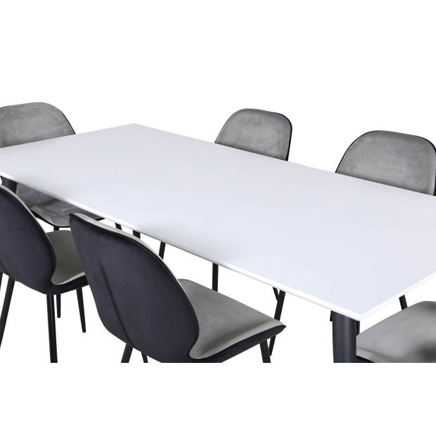 Jimmy195 eethoek eetkamertafel uitschuifbare tafel lengte cm 195 / 285 wit en 6 Emma eetkamerstal velours grijs,zwart.