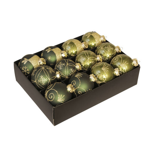 24x stuks luxe glazen gedecoreerde kerstballen donkergroen 7,5 cm - Kerstbal