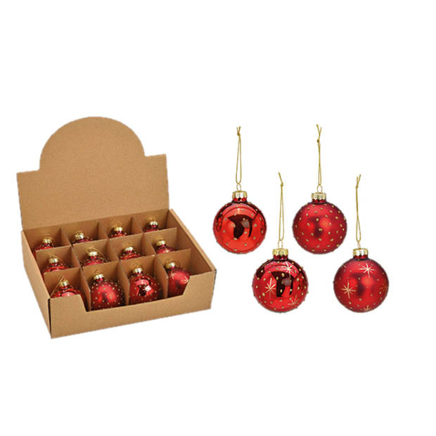 24x stuks luxe gedecoreerde glazen kerstballen rood 6 cm - Kerstbal