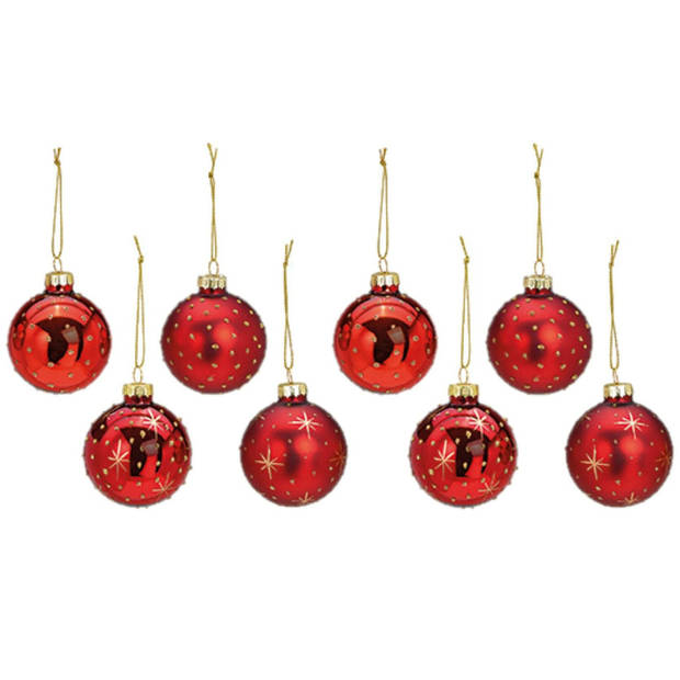 G. Wurm Kerstballen set - 12x stuks - glas - rood - gedecoreerde - 6 cm - kerstversiering - Kerstbal