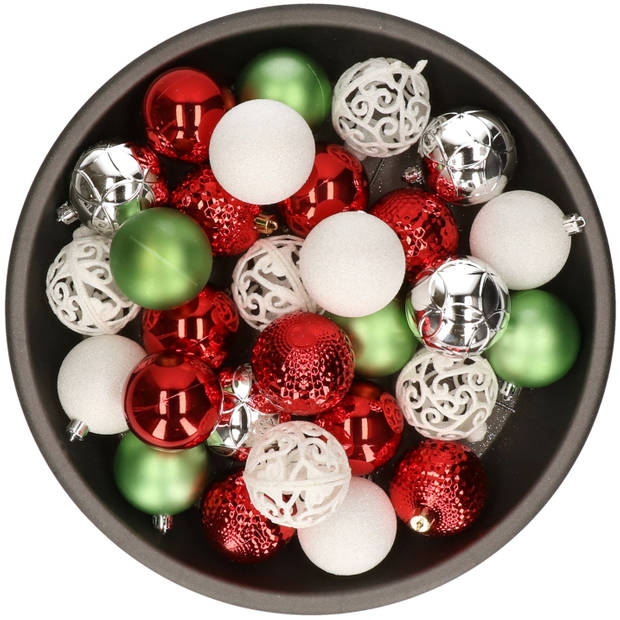 Kerstballen 37x stuks wit/rood/groen/zilver kunststof 6cm - Kerstbal