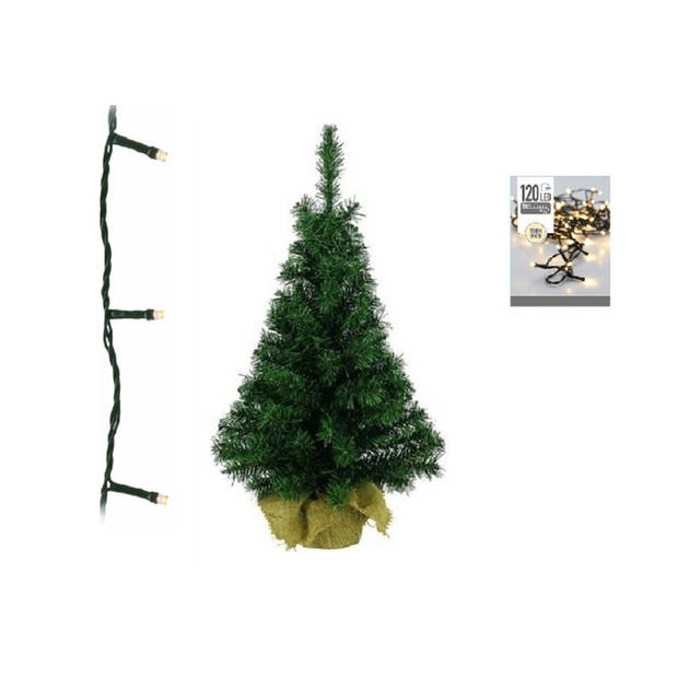 Groene kunst kerstboom 90 cm inclusief warm witte kerstverlichting - Kunstkerstboom