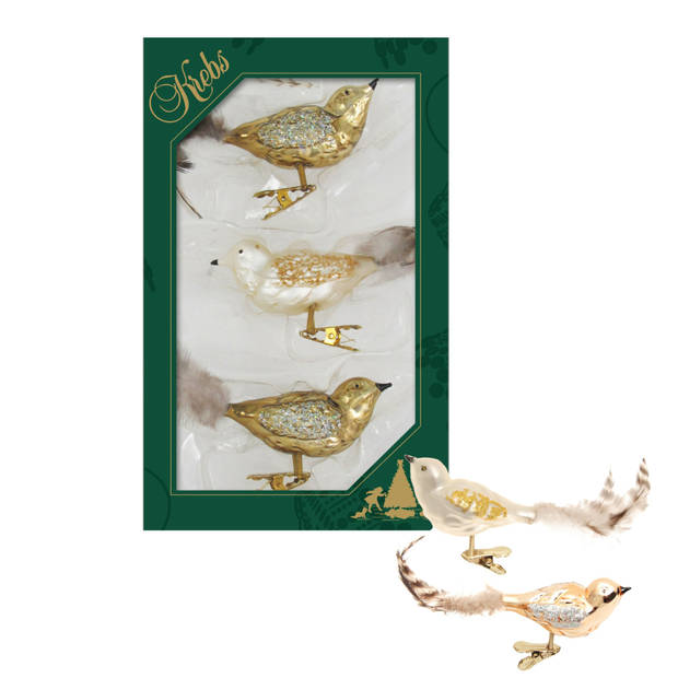 3x stuks luxe glazen decoratie vogels op clip natural velvet 11 cm - Kersthangers