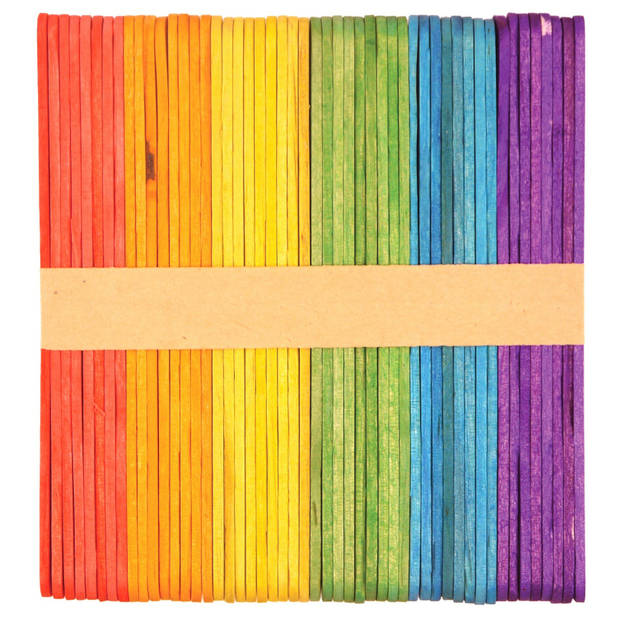 Houten knutselstokjes/ijsstokjes 2x50 stuks regenboog kleurenmix 11 cm - Houten knutselstokjes
