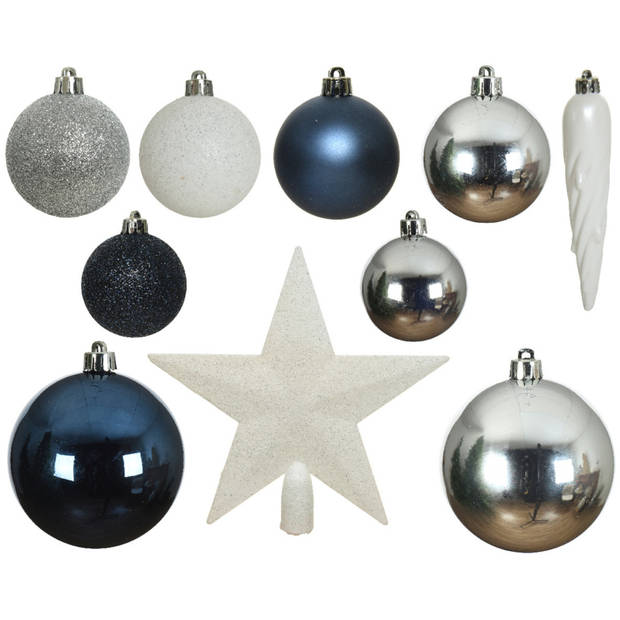 33x Kunststof kerstballen mix zilver/wit/blauw 5-6-8 cm versiering - Kerstbal