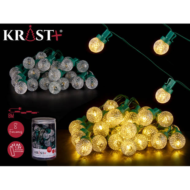 Krist+ lichtsnoer - feestverlichting - 600 cm - 30 LED bolletjes warm wit - batterij - Kerstverlichting kerstboom