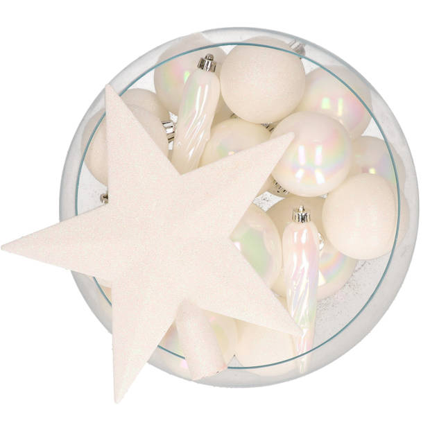 Bellatio Decorations set 33x stuks kunststof kerstballen met ster piek parelmoer wit - Kerstbal