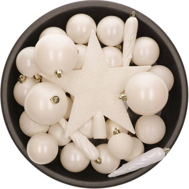 45x stuks kunststof kerstballen en ijspegels met ster piek wol wit - Kerstbal