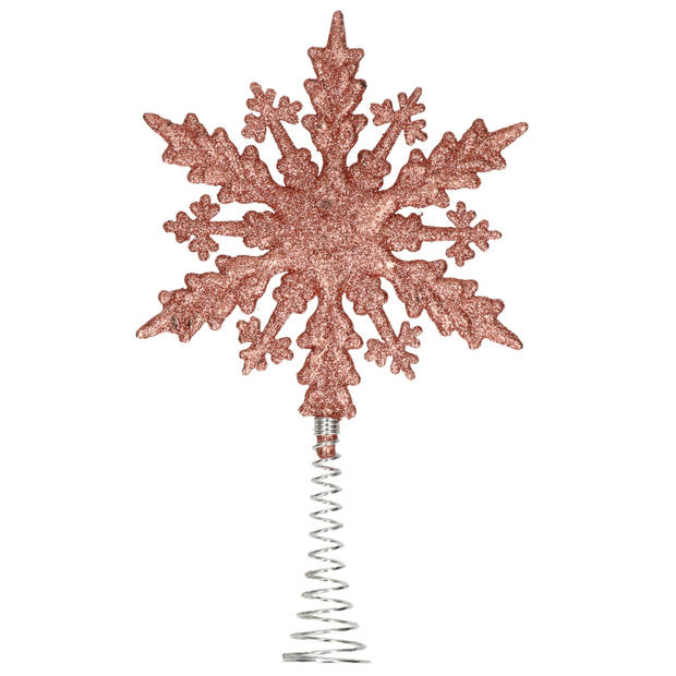Kunststof kerstboom platte sneeuwvlok piek glitter donker roze/rose 20 cm - kerstboompieken