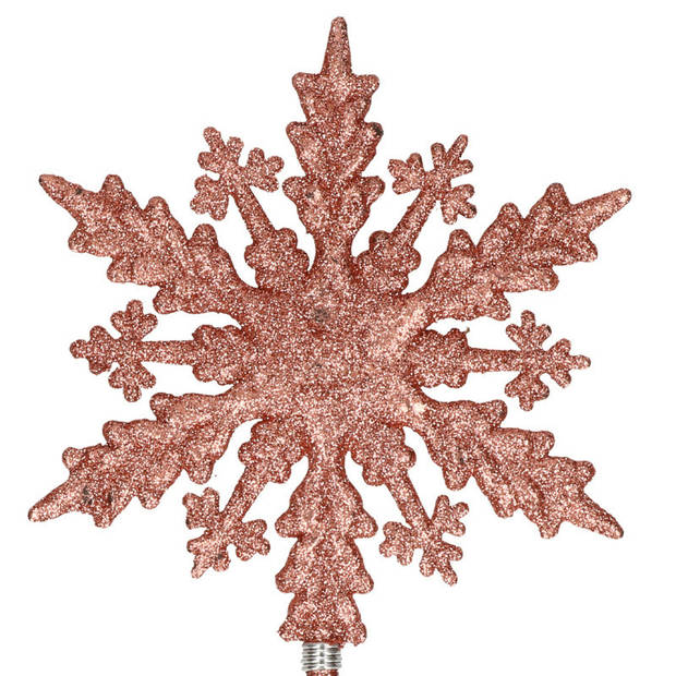 Kunststof kerstboom platte sneeuwvlok piek glitter donker roze/rose 20 cm - kerstboompieken