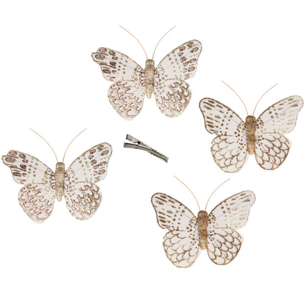 12x stuks decoratie vlinders op clip goud glitter 10 x 8 cm - Hobbydecoratieobject