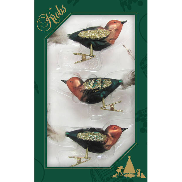 3x stuks luxe glazen decoratie vogels op clip groen/bruin 11 cm - Kersthangers