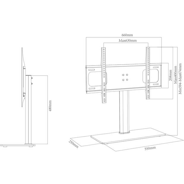 B-TTS 600 TV-meubel met glazen voet, Zwart.