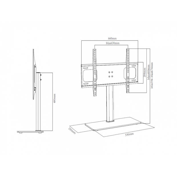 B-TTS 600 TV-meubel met glazen voet, Zwart.