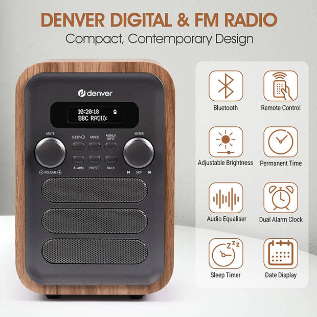 Denver DAB Radio met Bluetooth - Digitale Radio – 40 voorkeuzezenders – DAB+ / FM Radio - DAB48 – Hout/Grijs