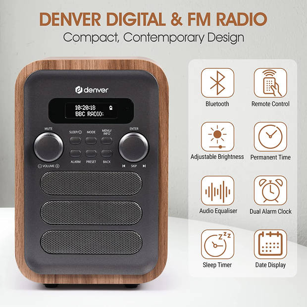 Denver DAB Radio - Retro Radio - Bluetooth - DAB+/ FM Radio - DAB48G