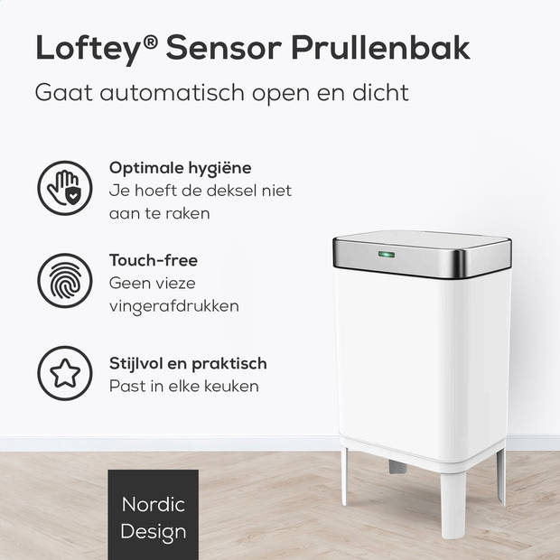 Loftey Sensor Prullenbak 60 Liter – Touch Free Afvalbak - Afvalemmer - Afvalscheiding 2x30L - Keuken - Wit/RVS