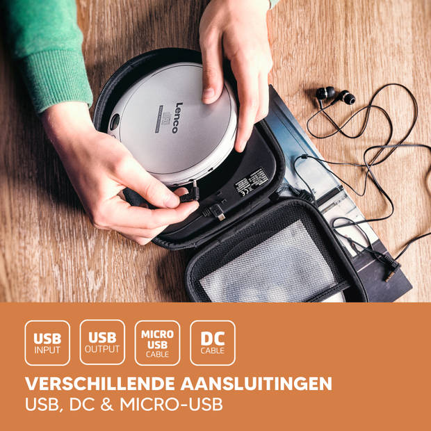 Draagbare CD/MP3 speler met antischokbescherming en handige opbergcase met ingebouwde powerbank Lenco Zwart-Grijs