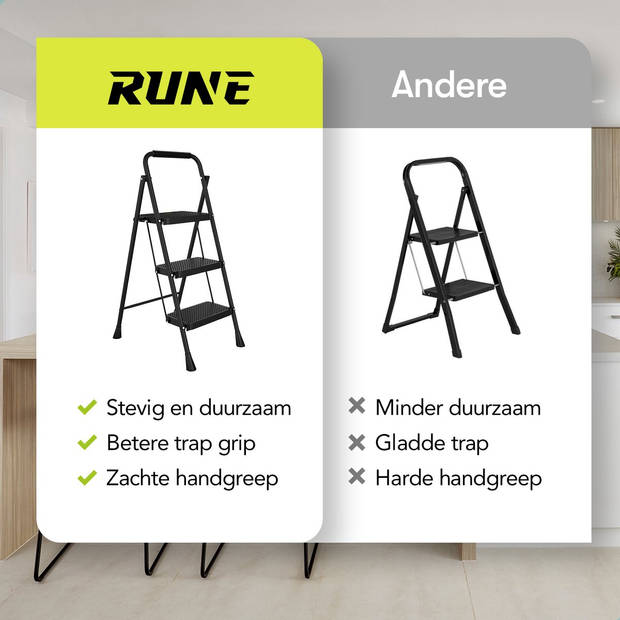 Rune Huishoudtrap 3 Treden - Inklapbare Anti-slip Keukentrap - Compact design - 104 cm hoog - Zwart
