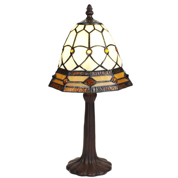 LumiLamp Tiffany Tafellamp Ø 21x39 cm Beige Bruin Glas Kunststof Rond Tiffany Bureaulamp Beige Tiffany Bureaulamp