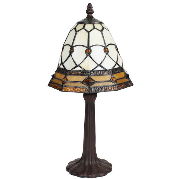 LumiLamp Tiffany Tafellamp Ø 21x39 cm Beige Bruin Glas Kunststof Rond Tiffany Bureaulamp Beige Tiffany Bureaulamp