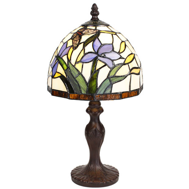 LumiLamp Tiffany Tafellamp Ø 20x36 cm Beige Blauw Glas Rond Bloemen Tiffany Bureaulamp Beige Tiffany Bureaulamp