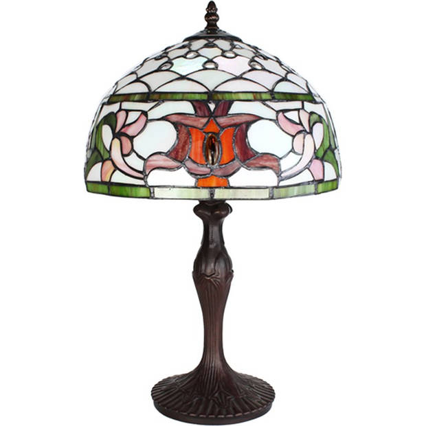 LumiLamp Tiffany Tafellamp Ø 30x49 cm Wit Groen Glas Rond Tiffany Bureaulamp Wit Tiffany Bureaulamp