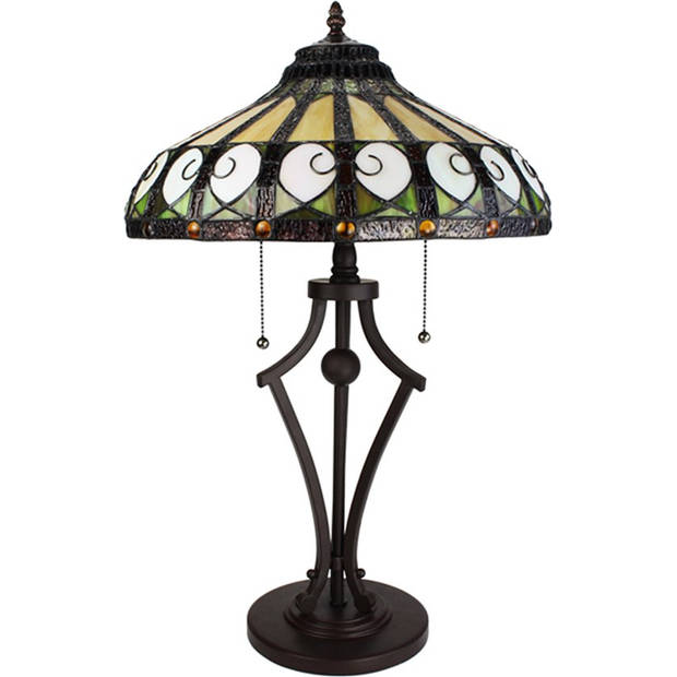 LumiLamp Tiffany Tafellamp Ø 41x64 cm Beige Groen Glas Rond Tiffany Bureaulamp Beige Tiffany Bureaulamp