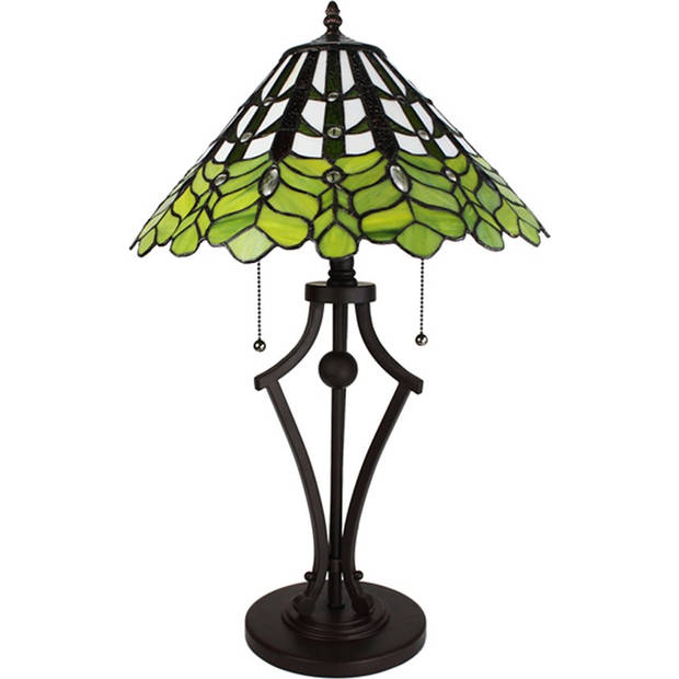 LumiLamp Tiffany Tafellamp Ø 41x62 cm Groen Wit Glas Kunststof Rond Tiffany Bureaulamp Groen Tiffany Bureaulamp