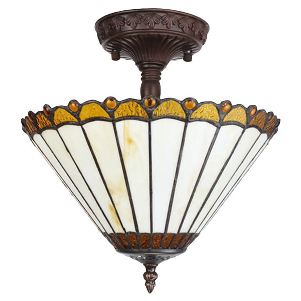 LumiLamp Plafondlamp Tiffany Ø 29x30 cm Beige Bruin Glas Kunststof Plafonniere Beige Plafonniere