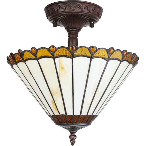 LumiLamp Plafondlamp Tiffany Ø 29x30 cm Beige Bruin Glas Kunststof Plafonniere Beige Plafonniere