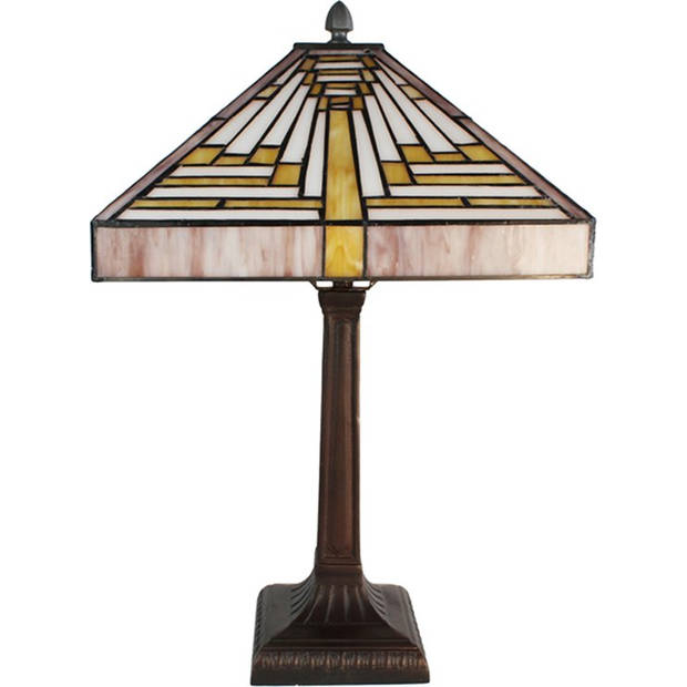 LumiLamp Tiffany Tafellamp 31x31x48 cm Beige Paars Glas Vierkant Tiffany Bureaulamp Beige Tiffany Bureaulamp