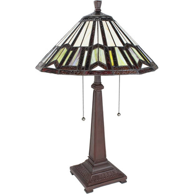 LumiLamp Tiffany Tafellamp Ø 41x64 cm Beige Bruin Glas Kunststof Rond Tiffany Bureaulamp Beige Tiffany Bureaulamp