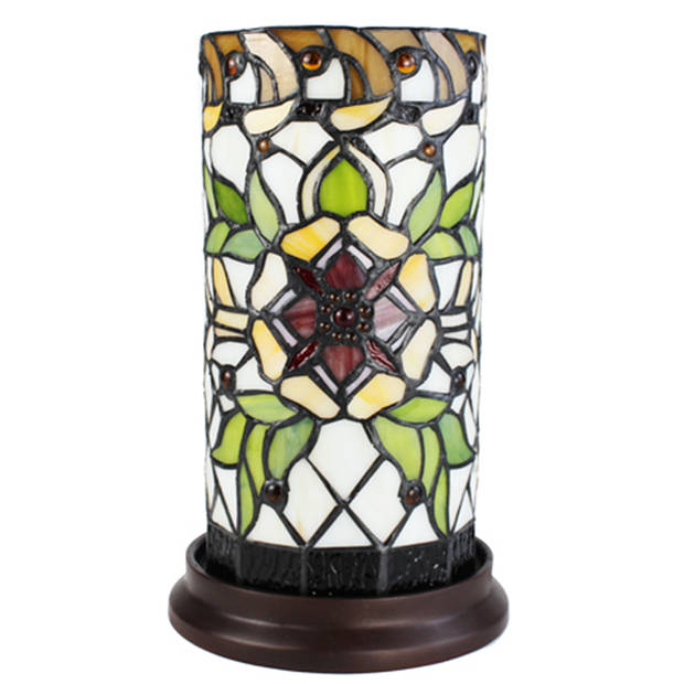 LumiLamp Tiffany Tafellamp Ø 15x26 cm Groen Beige Glas Rond Bloem Tiffany Bureaulamp Groen Tiffany Bureaulamp