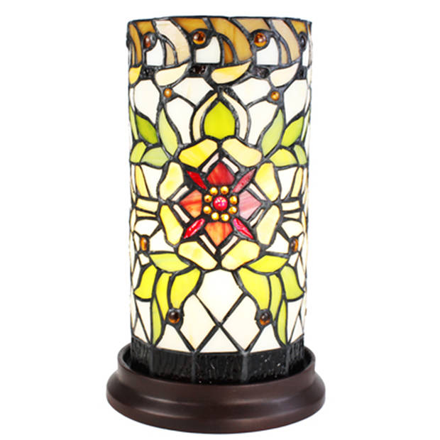 LumiLamp Tiffany Tafellamp Ø 15x26 cm Groen Beige Glas Rond Bloem Tiffany Bureaulamp Groen Tiffany Bureaulamp