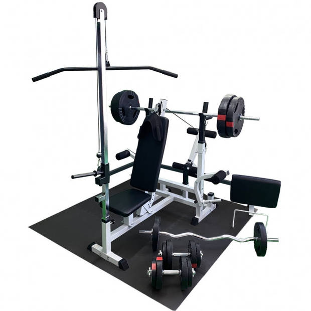 Gorilla Sports Fitnessbank Wit Met Gewichten 100 kg - Lat Pulley - Puzzelmat - Complete Set Gripper Kunststof