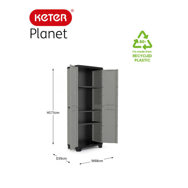 Keter Planet Hoge Kast - 3 planken - 68x39x173cm - Grijs/Zwart - Recycled Kunststof