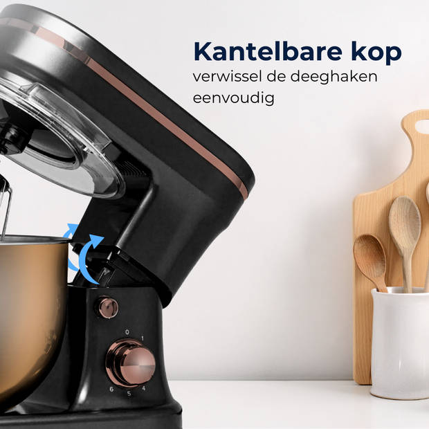 BluMill Keukenmixer - Foodprocessor - RVS - 1200 W - 6 Snelheden - 5 L - Incl. Accessoires - Zwart / Rosé Goud