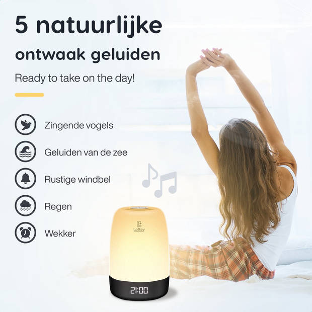 Loftey Wake Up Light - Lichtwekker - Digitale Wekker met lamp - 5 Natuurgeluiden - Snooze Functie - Wit