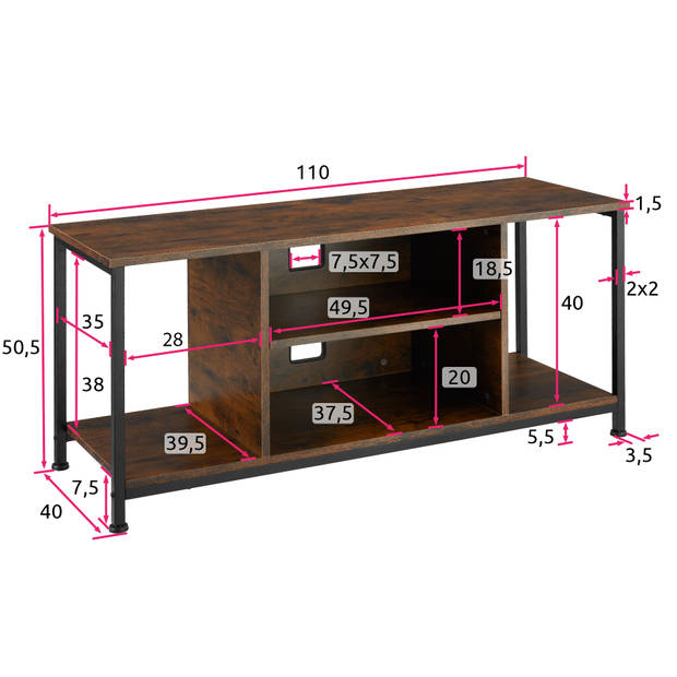 tectake - TV-meubel met 4 open vakken en verstelbare plank - industrieel donkerbruin - afm. 110 x 40 x 50,5 cm - 404642