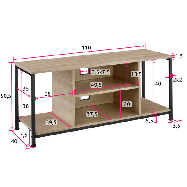 tectake - TV-meubel met 4 open vakken en verstelbare plank - industrieel lichtbruin - afm. 110 x 40 x 50,5 cm - 404643