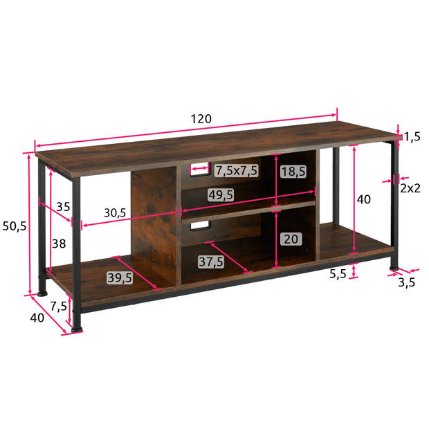 tectake - TV-meubel met 4 open vakken en verstelbare plank - industrieel donkerbruin - afm. 120 x 40 x 50,5 cm - 404644