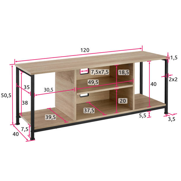 tectake - TV-meubel met 4 open vakken en verstelbare plank - industrieel lichtbruin - afm. 120 x 40 x 50,5 cm - 404645